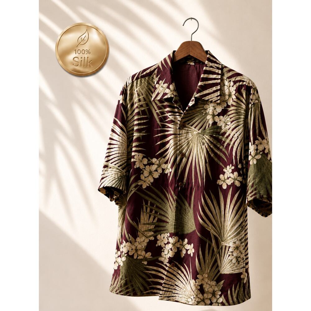 Jamaica Jaxx 100% Silk Hawaiian Camp Shirt Mens M Burgundy Floral Tropical Aloha
